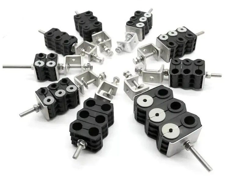 Stainless steel double hole fiber cable clamp hangers RF 1/2" feeder clamp 7 Stainless steel double hole fiber cable clamp hangers RF 1/2" feeder clamp 详情 01 2 Stainless steel double hole fiber cable clamp hangers RF 1/2" feeder clamp