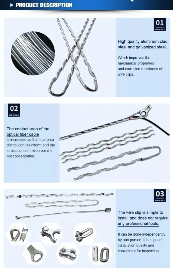 Factory Adss OPGW Fittings Accessories Preformed tension clamp Guy Grip Dead-end Tension Clamp with cheap price 9 Factory Adss OPGW Fittings Accessories Preformed tension clamp Guy Grip Dead-end Tension Clamp with cheap price 详情 03 7 Factory Adss OPGW Fittings Accessories Preformed tension clamp Guy Grip Dead-end Tension Clamp with cheap price